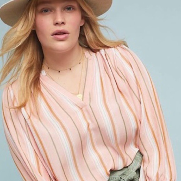 Anthropologie Maeve Byron Striped Balloon Sleeve Blouse X-Small, light pink - Picture 6 of 14